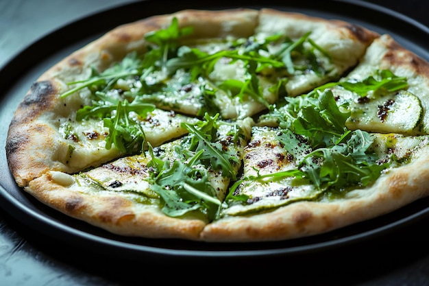 Photo a pizza with spinach on it sits on a pan