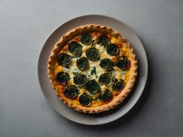 a pizza with spinach on it sits on a plate