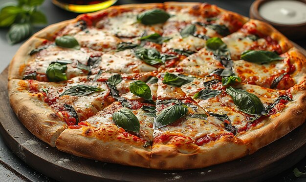 Photo a pizza with spinach leaves on it sits on a table