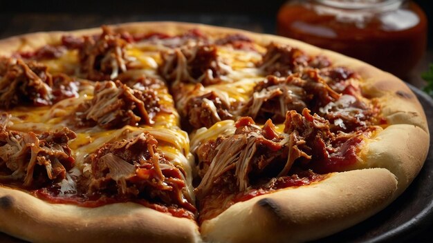 A pizza with a tangy barbecue sauce and pulled pork to