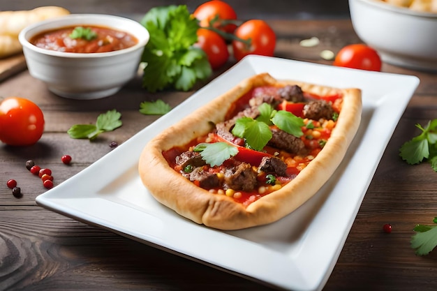 a pizza with tomato sauce and a bowl of tomato sauce.