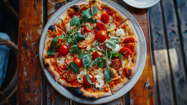 a pizza with tomatoes basil and basil on it