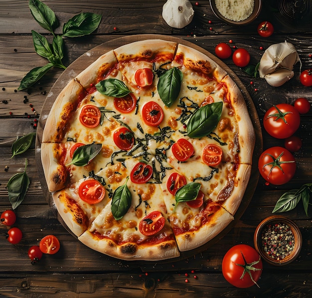 a pizza with tomatoes basil and basil on a wooden table