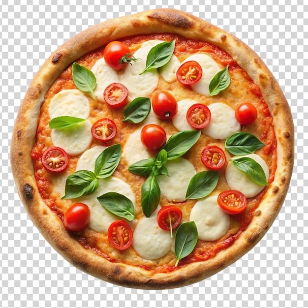 A pizza with tomatoes basil and cheese on transparent background