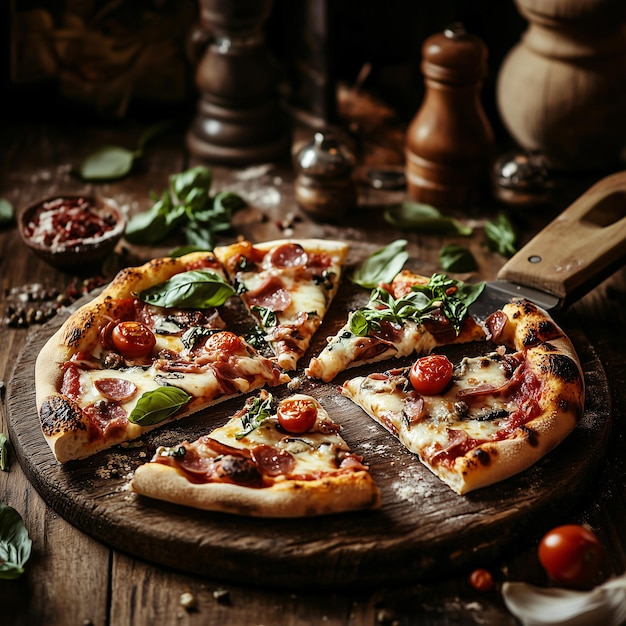 Photo a pizza with tomatoes and basil on it