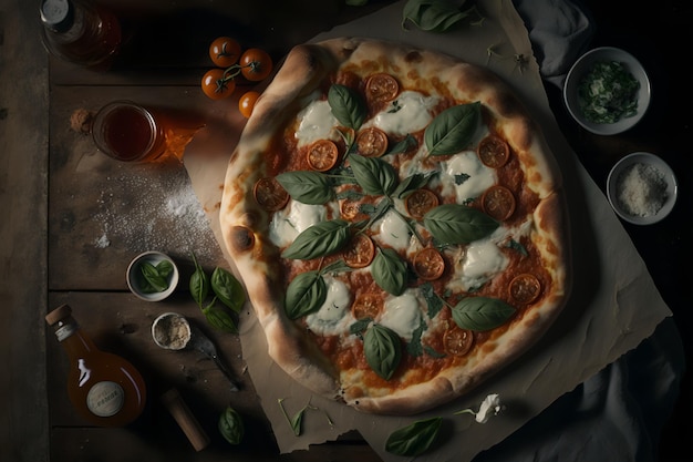 A pizza with tomatoes and basil on it