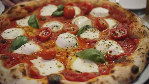 a pizza with tomatoes and basil on it