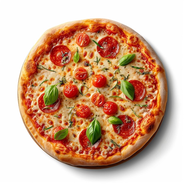 a pizza with tomatoes and basil on it