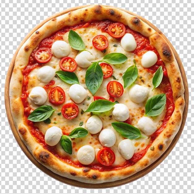 A pizza with tomatoes basil and mozzarella cheese on transparent background