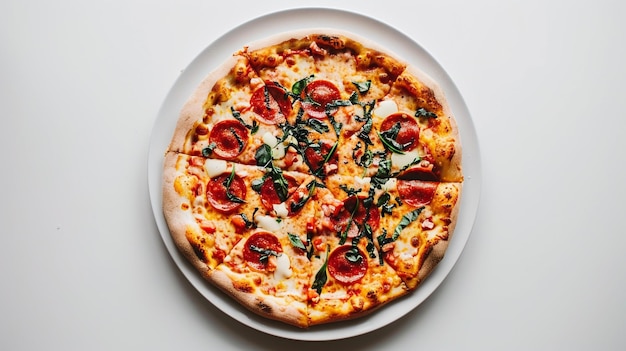 a pizza with tomatoes and basil on a plate