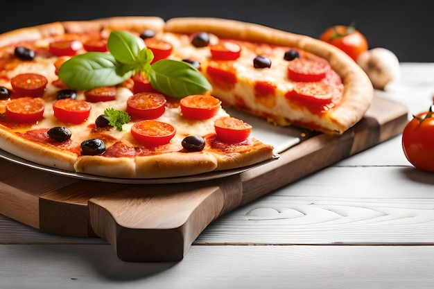 A pizza with tomatoes and basil on a wooden board