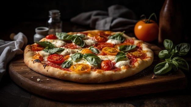 A pizza with tomatoes and basil on a wooden board