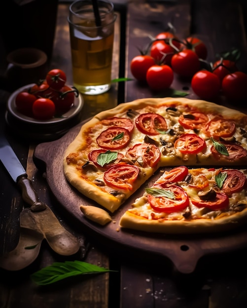 A pizza with tomatoes and basil on a wooden table with a glass of beer