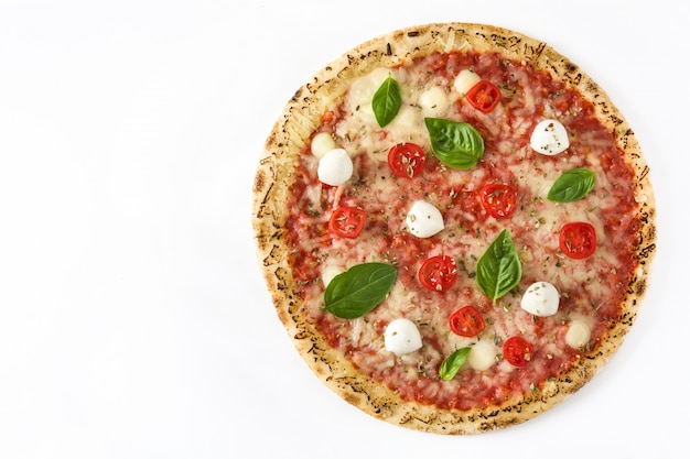 Pizza with tomatoes, cheese and basil isolated on white, top view, copy space