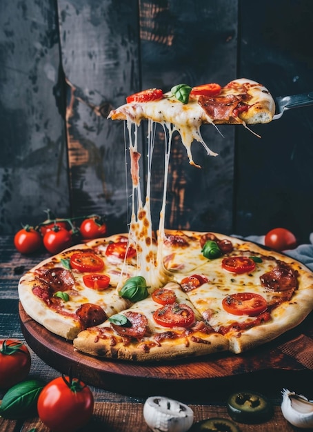 Photo a pizza with tomatoes and cheese on it is being sliced