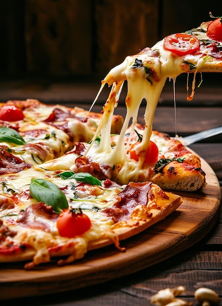 a pizza with tomatoes and cheese on it is being sliced