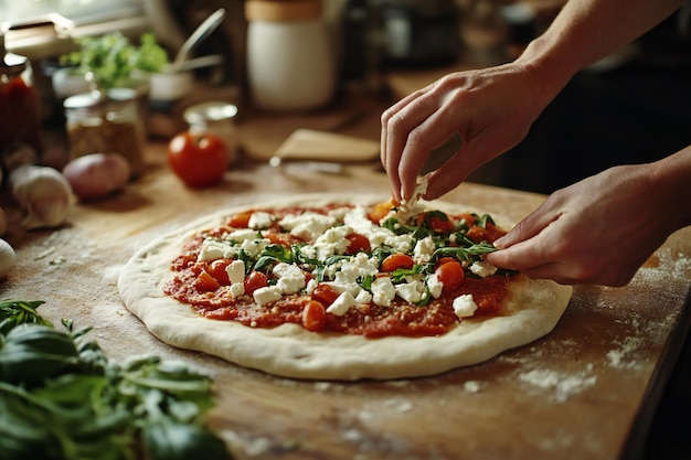 Photo a pizza with tomatoes cheese and other ingredients on a wooden table