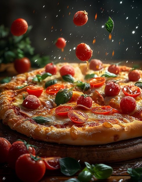 a pizza with tomatoes and cheese on pizza on the table delicious pizza Generative AI