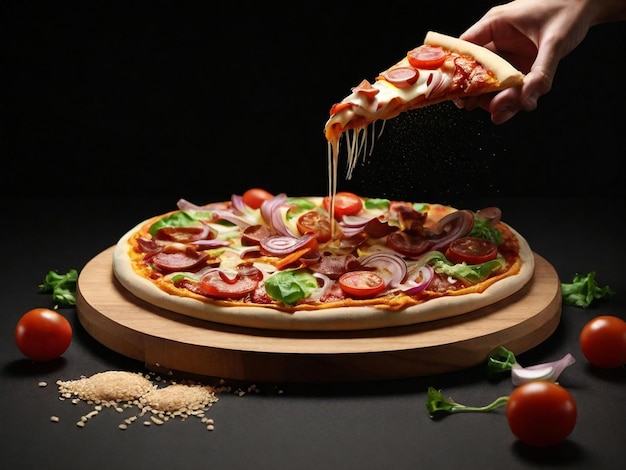 a pizza with tomatoes cheese and tomatoes on a wooden board