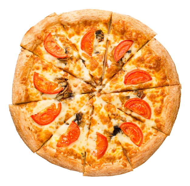 Pizza with tomatoes and mushrooms on a white background