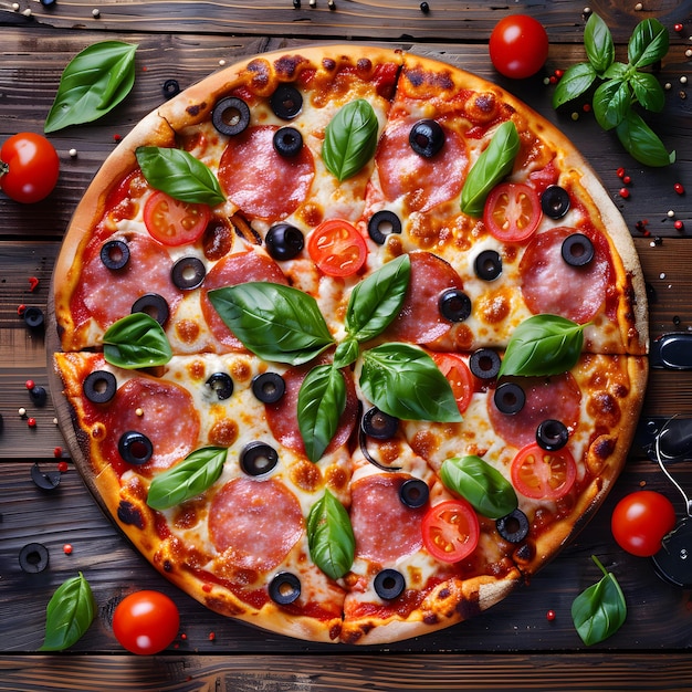 a pizza with tomatoes olives and basil on a wooden table