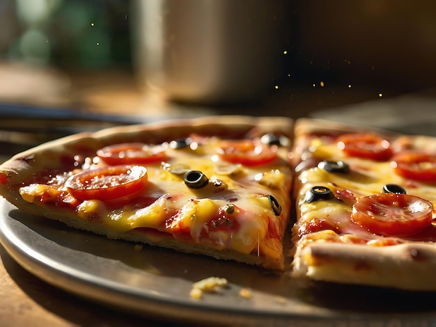 a pizza with tomatoes and olives on a tray