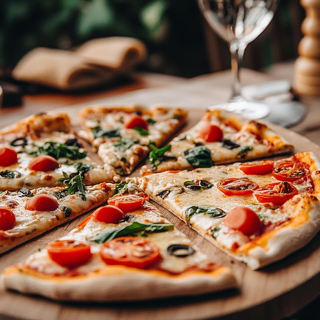 a pizza with tomatoes and olives on a wooden board