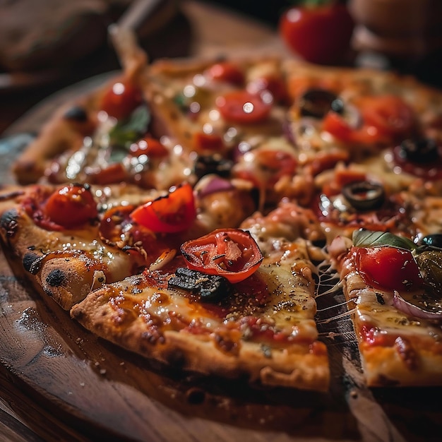 a pizza with tomatoes and onions on it sits on a table