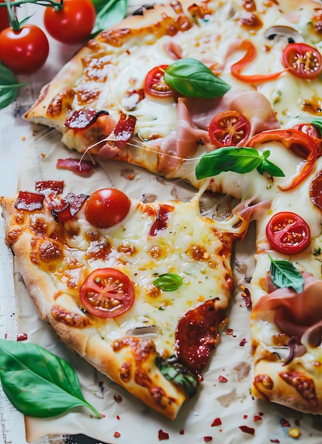 a pizza with tomatoes tomatoes and basil on it