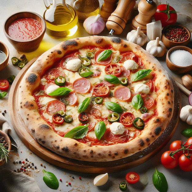 A pizza with tomatoes tomatoes and other ingredients on a table