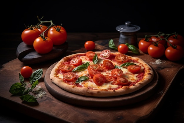 Pizza with tomatoes on wooden desk