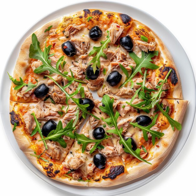 Pizza with Tuna Black Olives and Fresh Arugula Traditional Italian Seafood Pizza with Yellowfin Meat