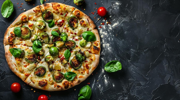 Photo a pizza with a variety of toppings including tomatoes spinach and basil