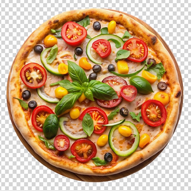 A pizza with a variety of vegetables on transparent background