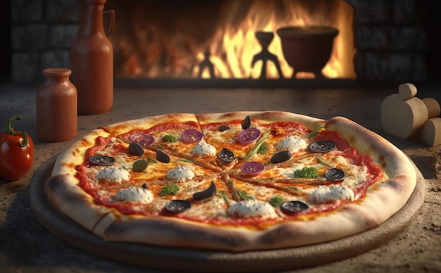 A pizza in a wood - fired oven with a fire in the background. Italian traditional food. ai generated