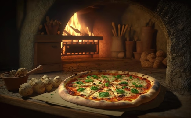 A pizza in a wood - fired oven with a fire in the background. Italian traditional food ai generated