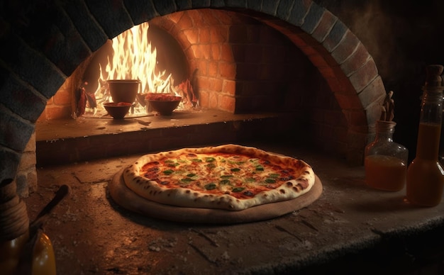 A pizza in a wood - fired oven with a fire in the background. Italian traditional food. ai generated