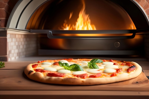 A pizza in a wood fired oven with a fire in the background.