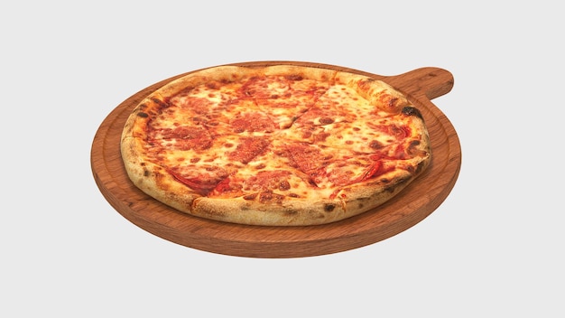 A pizza on a wooden board with a white background.