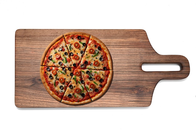 Pizza on a wooden cutting board isolated on white background