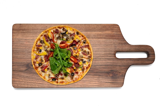 Pizza on a wooden cutting board isolated on white background