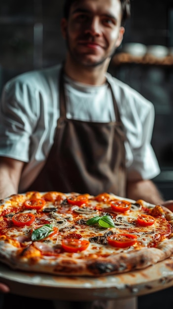 The pizzaiolo holds a freshly baked pizza like a work of art Pizza presentation