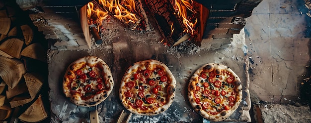 Photo pizzas on a metal tray with a fire in the background