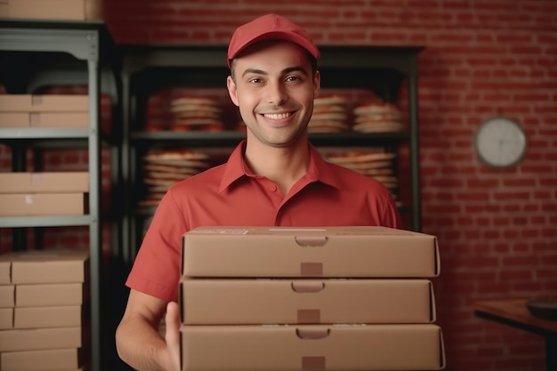 Pizzeria employee holding freshly baked pizza in boxes Pizza home delivery courier service ready food Generative AI