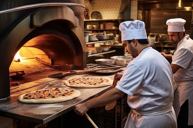 A pizzeria kitchen with chefs preparing dough next to the oven