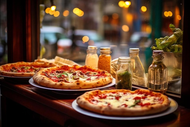 A pizzeria window display featuring freshly baked pizzas