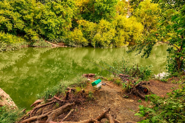 A place on the river bank with accessories for sport fishing