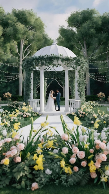 Photo place for wedding ceremony in garden outdoors copy space