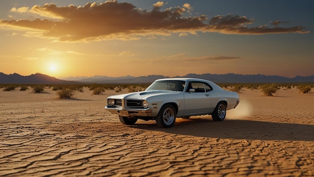 Placeholder image A beige SUV drives on a sandy desert road with mountains in the distance