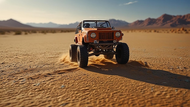 Placeholder image A beige SUV drives on a sandy desert road with mountains in the distance